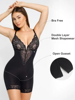 Shapewear Lace Deep-V Neck Bodysuits or Faux Leather Skirts
