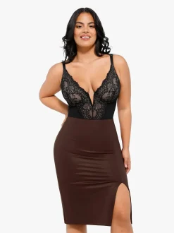 Shapewear Lace Deep-V Neck Bodysuits or Faux Leather Skirts