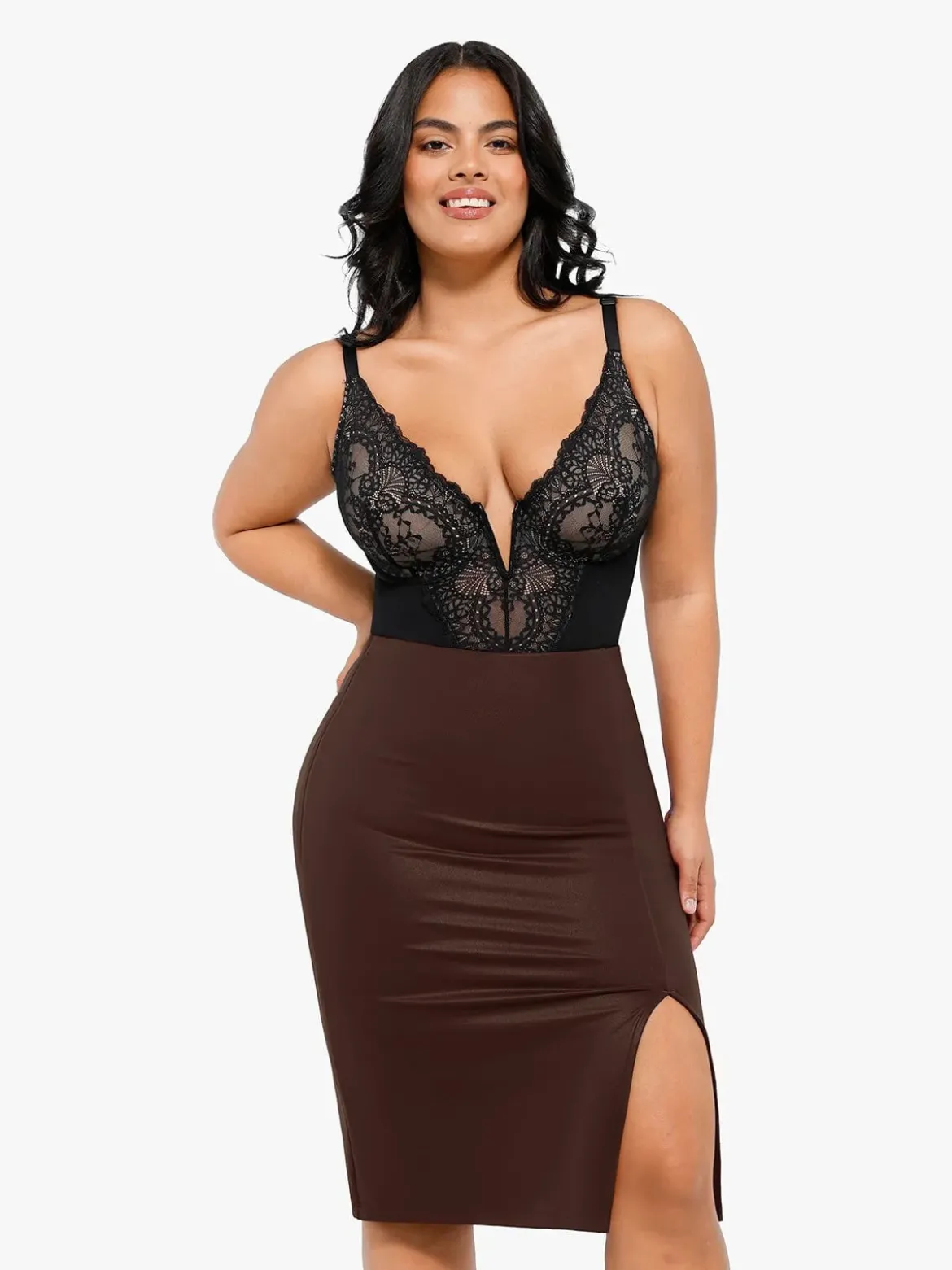 Shapewear Lace Deep-V Neck Bodysuits or Faux Leather Skirts
