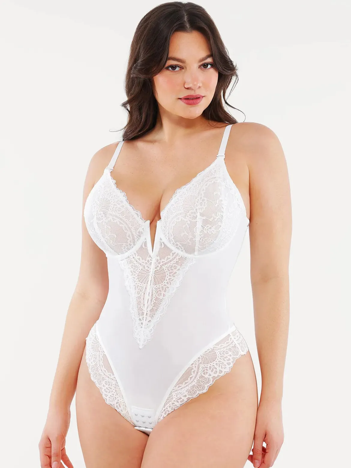 Shapewear Lace Deep V-Neck Sculpting Thong Bodysuit