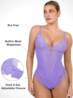 Shapewear Lace Deep V-Neck Sculpting Thong Bodysuit