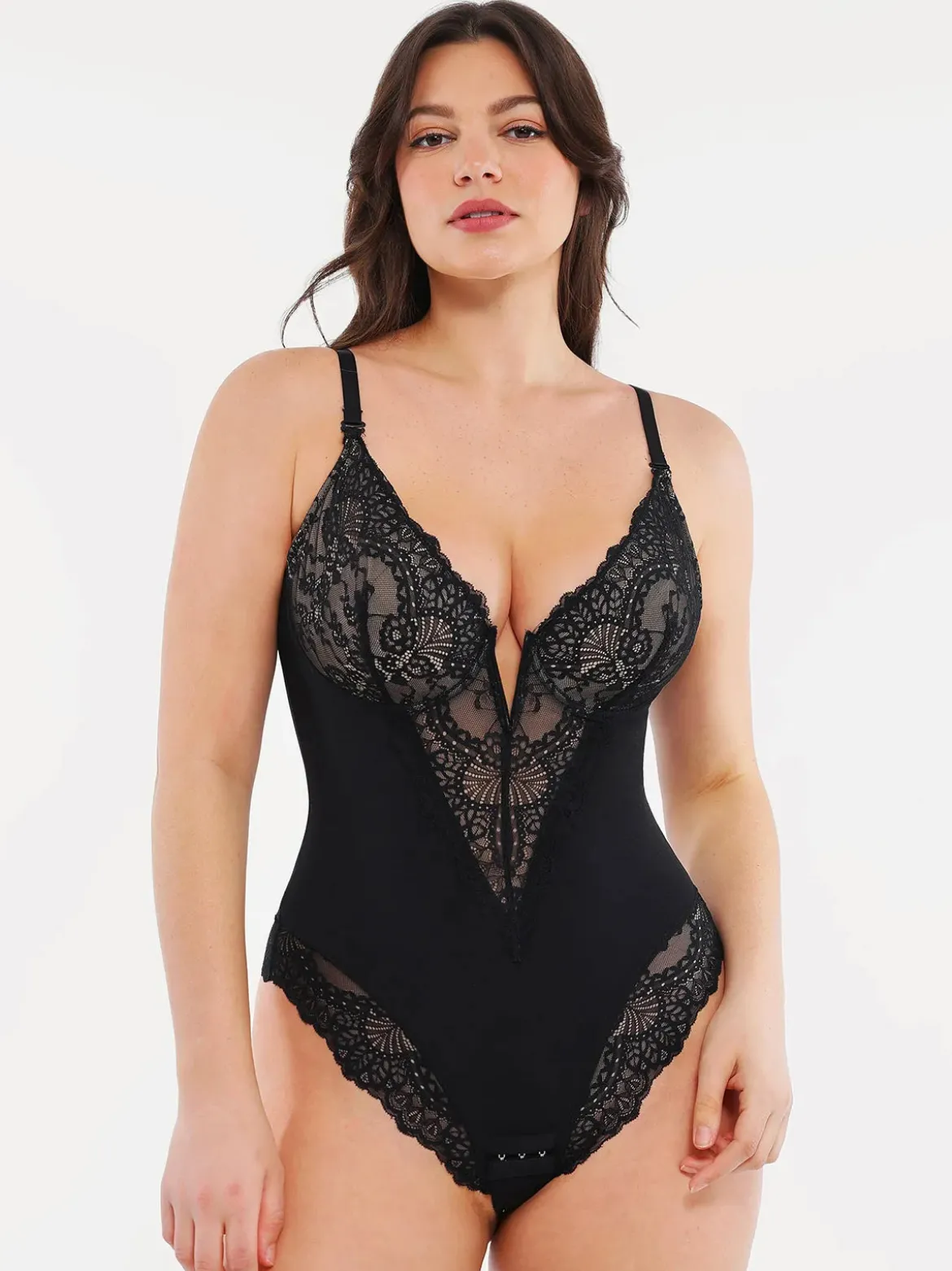 Shapewear Lace Deep V-Neck Sculpting Thong Bodysuit