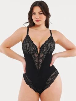 Shapewear Lace Deep V-Neck Sculpting Thong Bodysuit