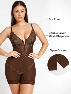 Shapewear Lace Deep V-Neck Sculpting Mid-Thigh Bodysuit