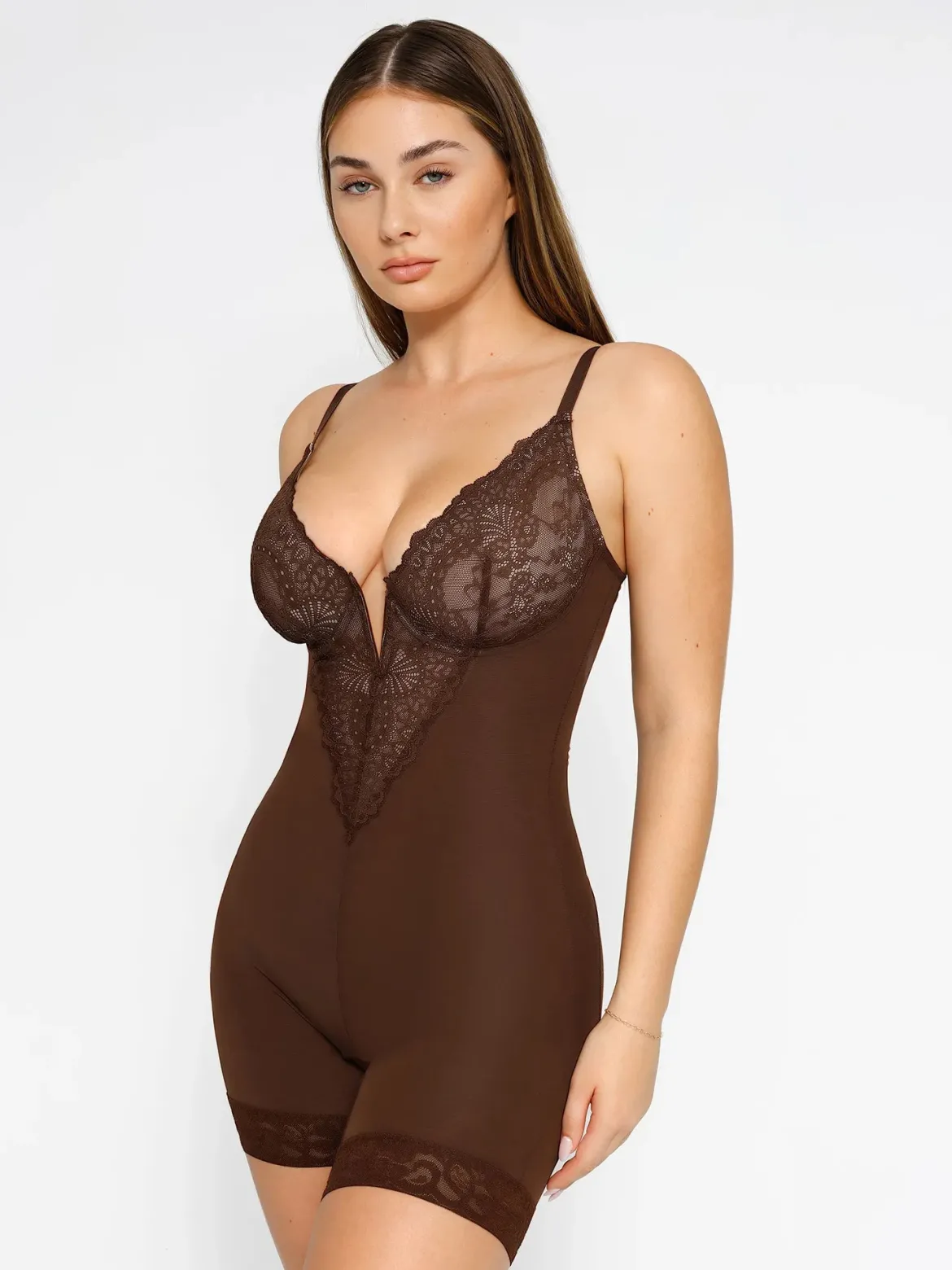 Shapewear Lace Deep V-Neck Sculpting Mid-Thigh Bodysuit