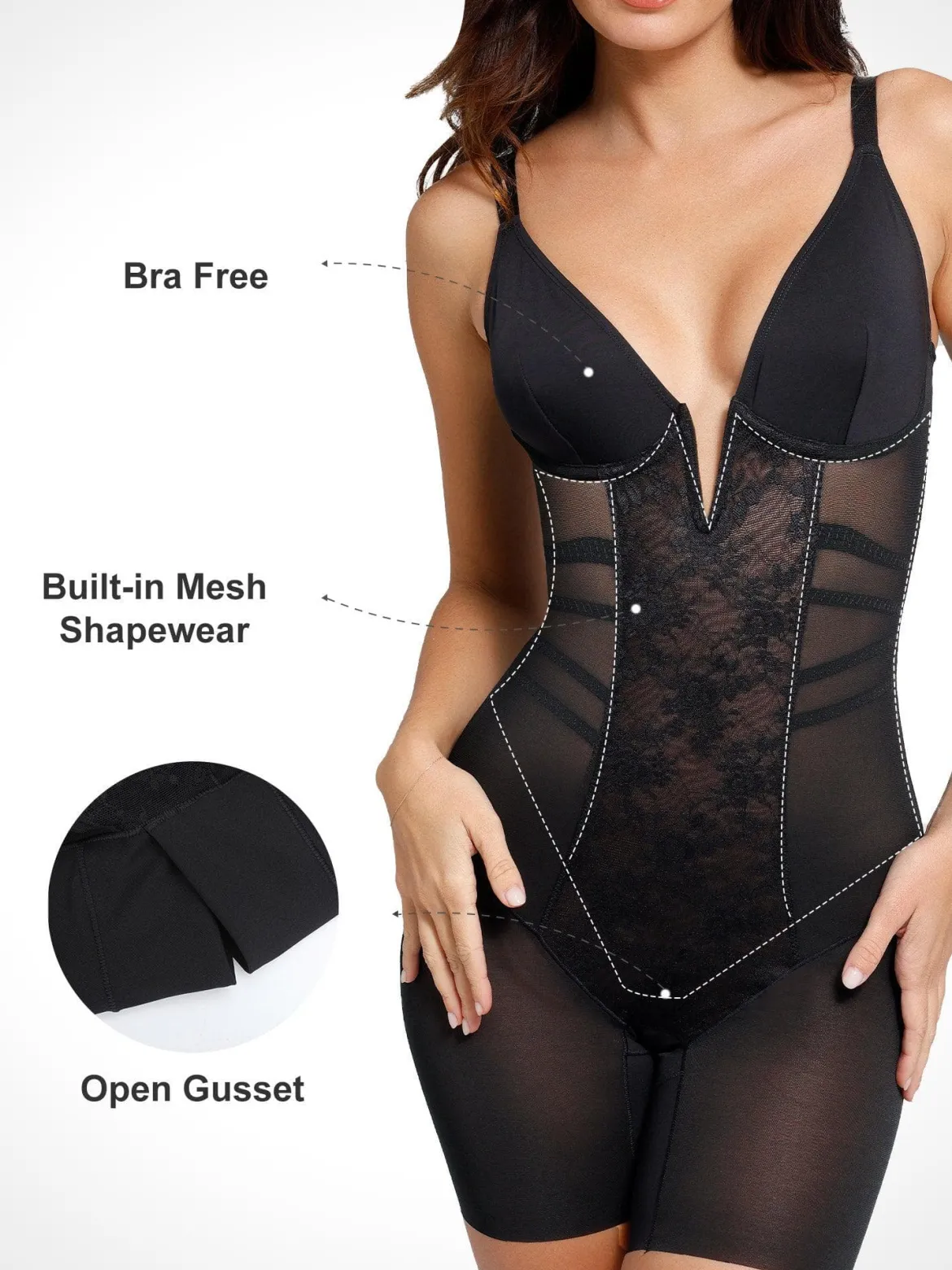 Shapewear Lace Deep V-Neck Tummy Control Mid-Thigh Bodysuit