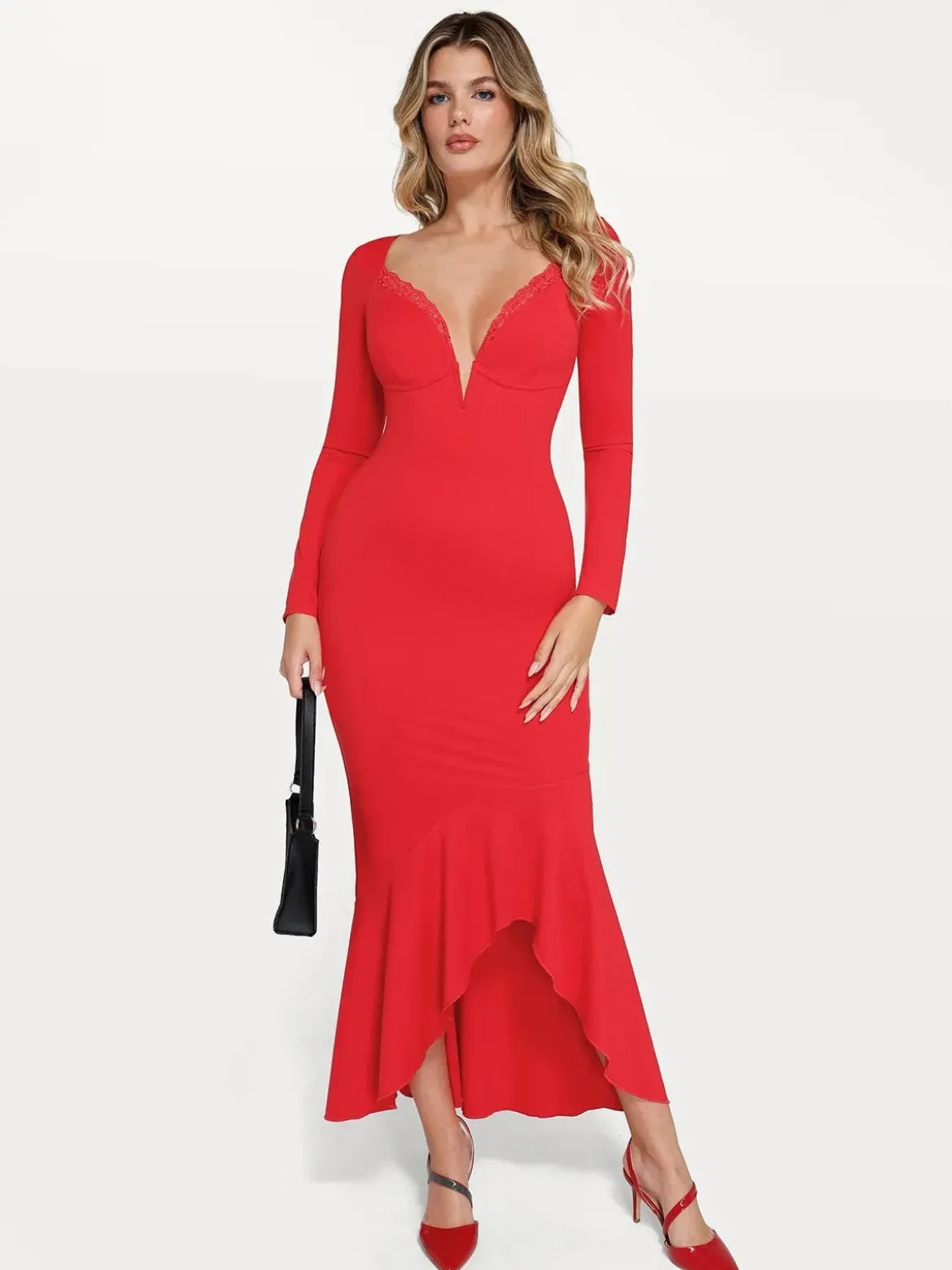 Shapewear Long Sleeve Lace Trim Sculpting Mermaid Maxi Dress