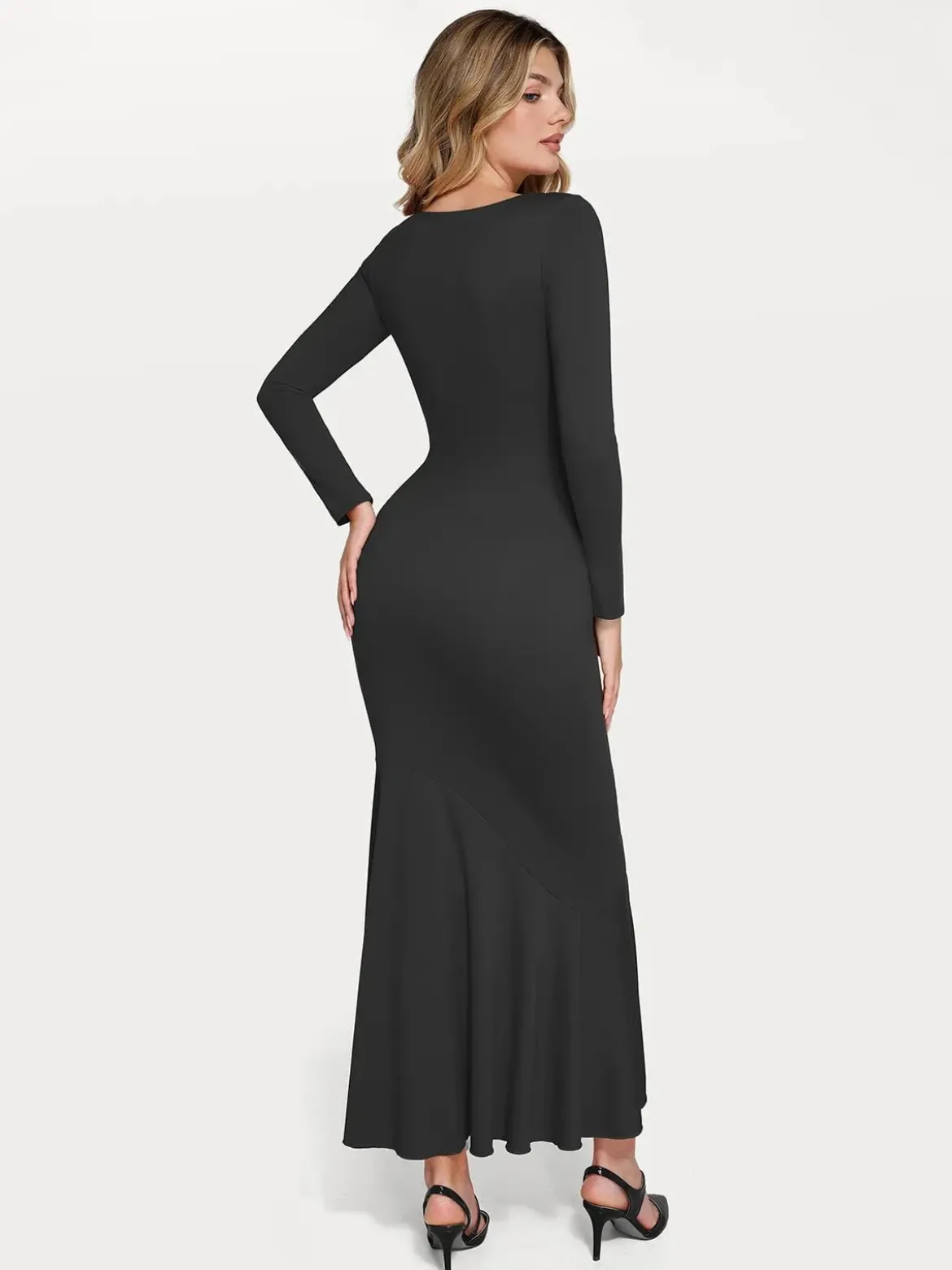 Shapewear Long Sleeve Lace Trim Sculpting Mermaid Maxi Dress