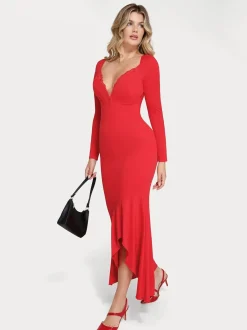 Shapewear Long Sleeve Lace Trim Sculpting Mermaid Maxi Dress