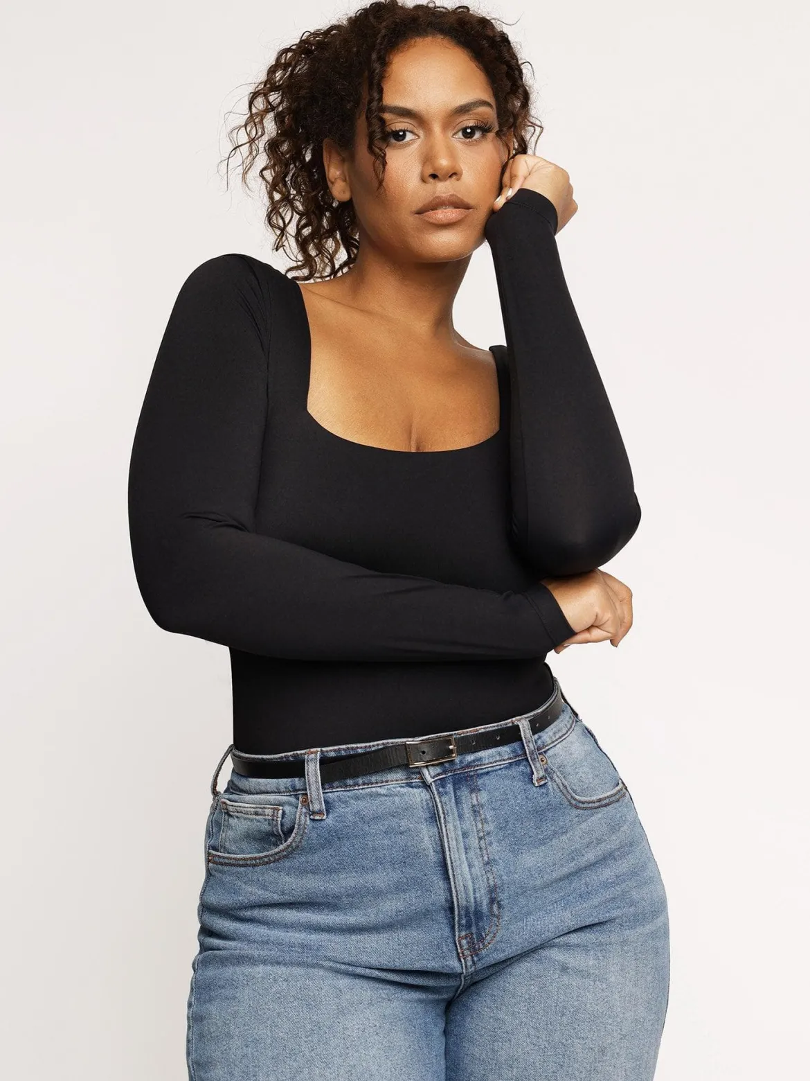 Shapewear Long Sleeve Sculpting Bodysuit Leather Midi Skirt Set