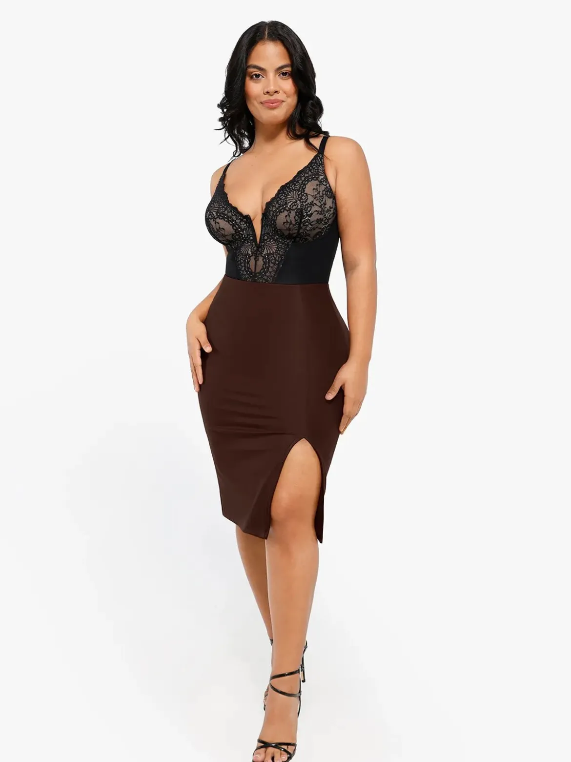 Shapewear Long Sleeve Sculpting Bodysuit Leather Midi Skirt Set
