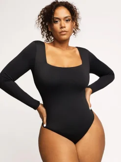 Shapewear Long Sleeve Sculpting Bodysuit Leather Midi Skirt Set