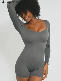 Shapewear Long Sleeve Sweetheart Neck Tummy Control Romper