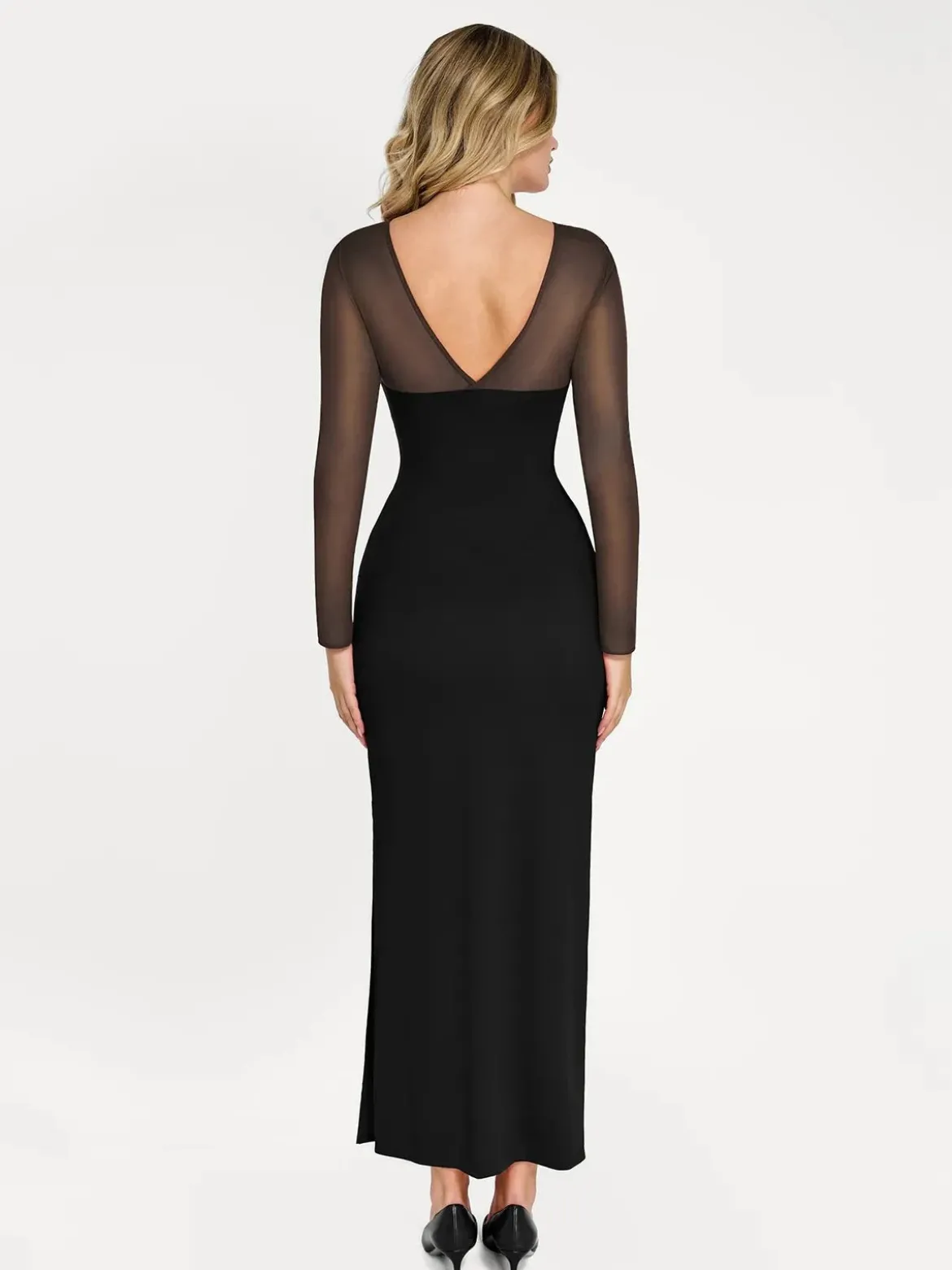 Shapewear Mesh Long Sleeve V-Back Slimming Maxi Dress