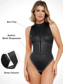 Shapewear Mock Neck Leather Sculpting Bodysuit Skirt Set