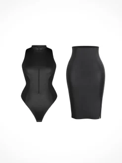 Shapewear Mock Neck Leather Sculpting Bodysuit Skirt Set