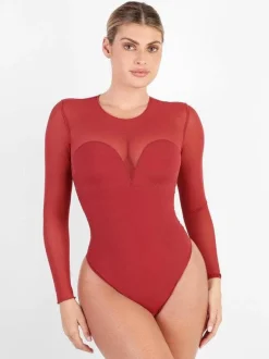 Shapewear Mock Neck Long Sleeve Floral Lace Bodysuit