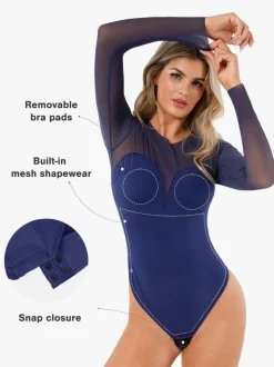 Shapewear Mock Neck Long Sleeve Floral Lace Bodysuit
