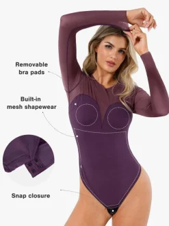 Shapewear Mock Neck Long Sleeve Floral Lace Bodysuit