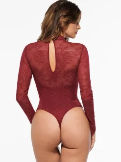 Shapewear Mock Neck Long Sleeve Floral Lace Bodysuit