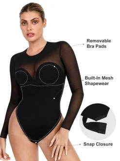 Shapewear Mock Neck Long Sleeve Floral Lace Bodysuit