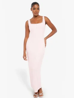 Shapewear Modal Slimming Lace Trim Henley Tank Maxi Dress