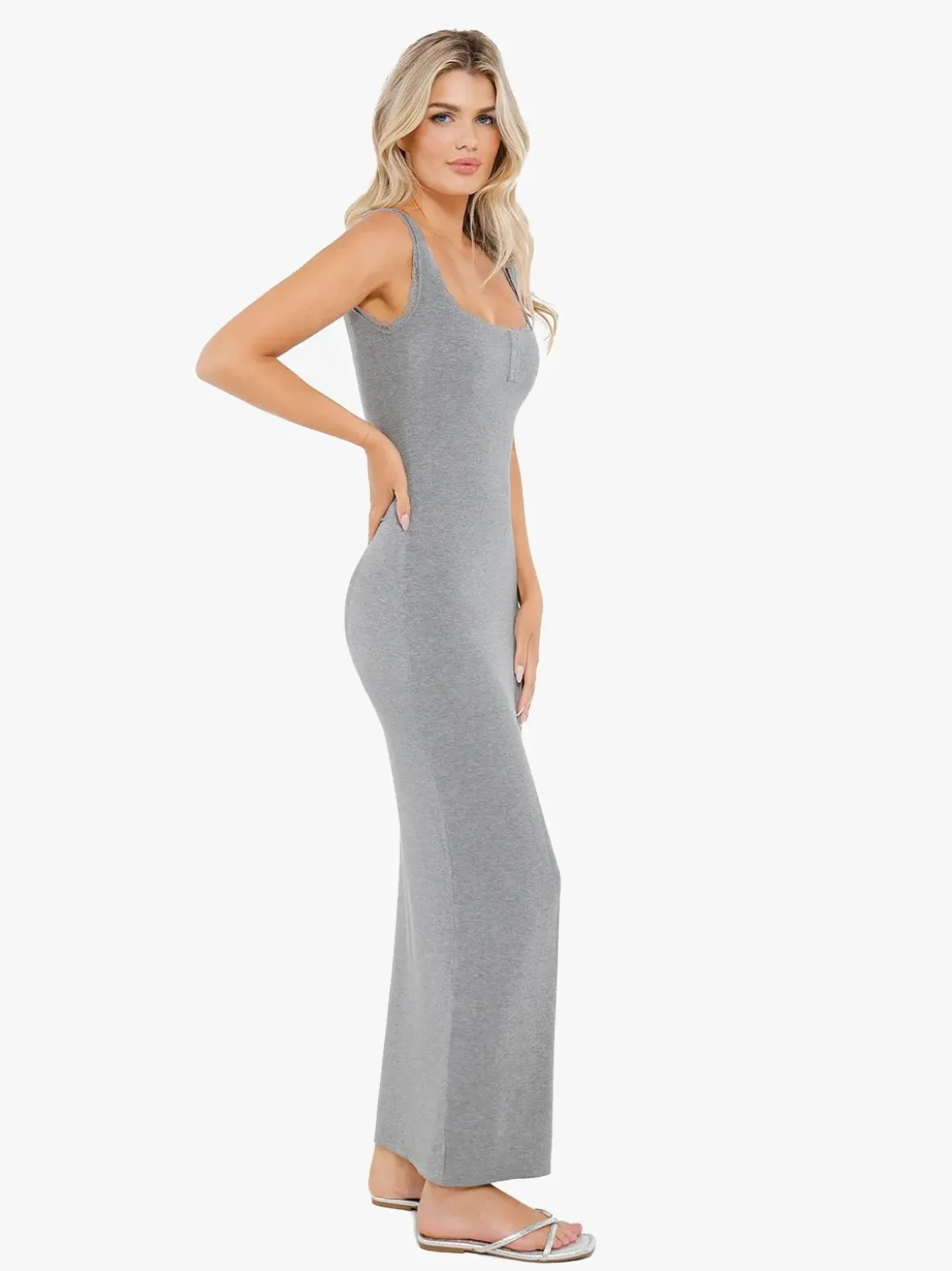 Shapewear Modal Slimming Lace Trim Henley Tank Maxi Dress