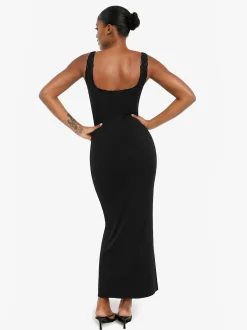 Shapewear Modal Slimming Lace Trim Henley Tank Maxi Dress