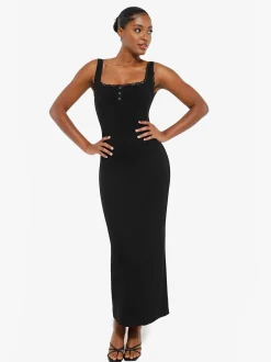 Shapewear Modal Slimming Lace Trim Henley Tank Maxi Dress