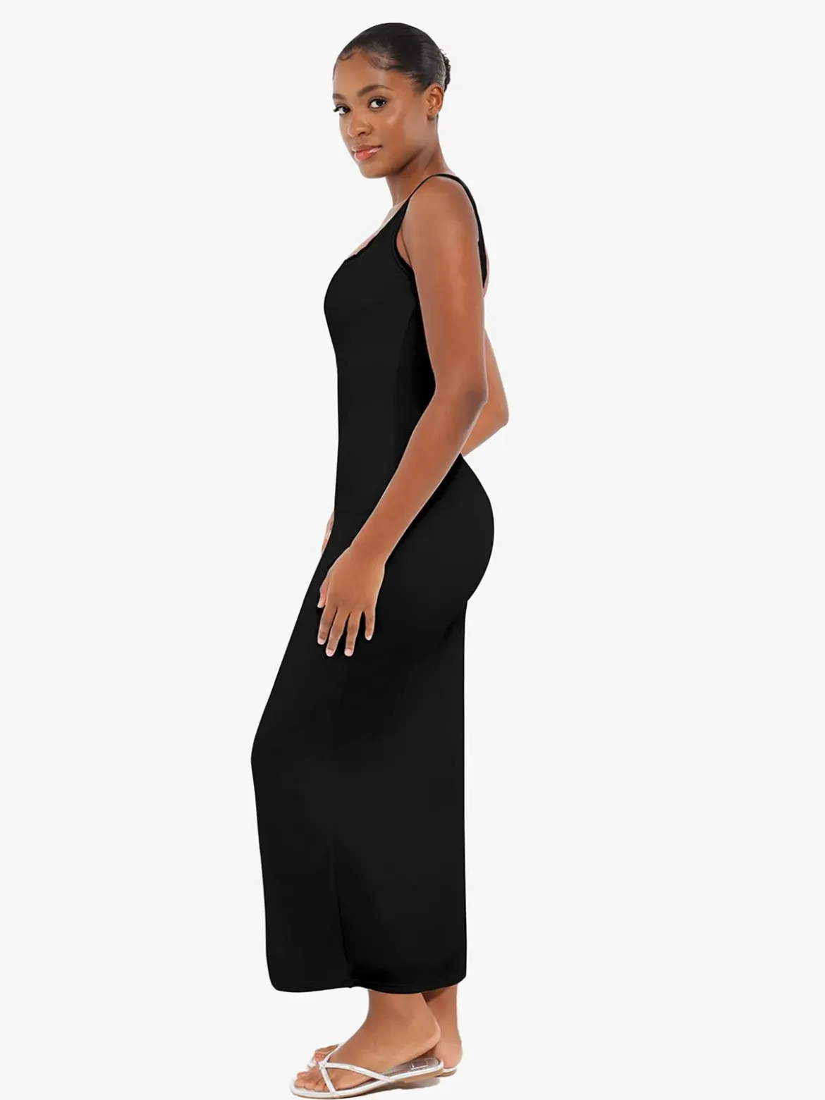 Shapewear Modal Slimming Lace Trim Henley Tank Maxi Dress