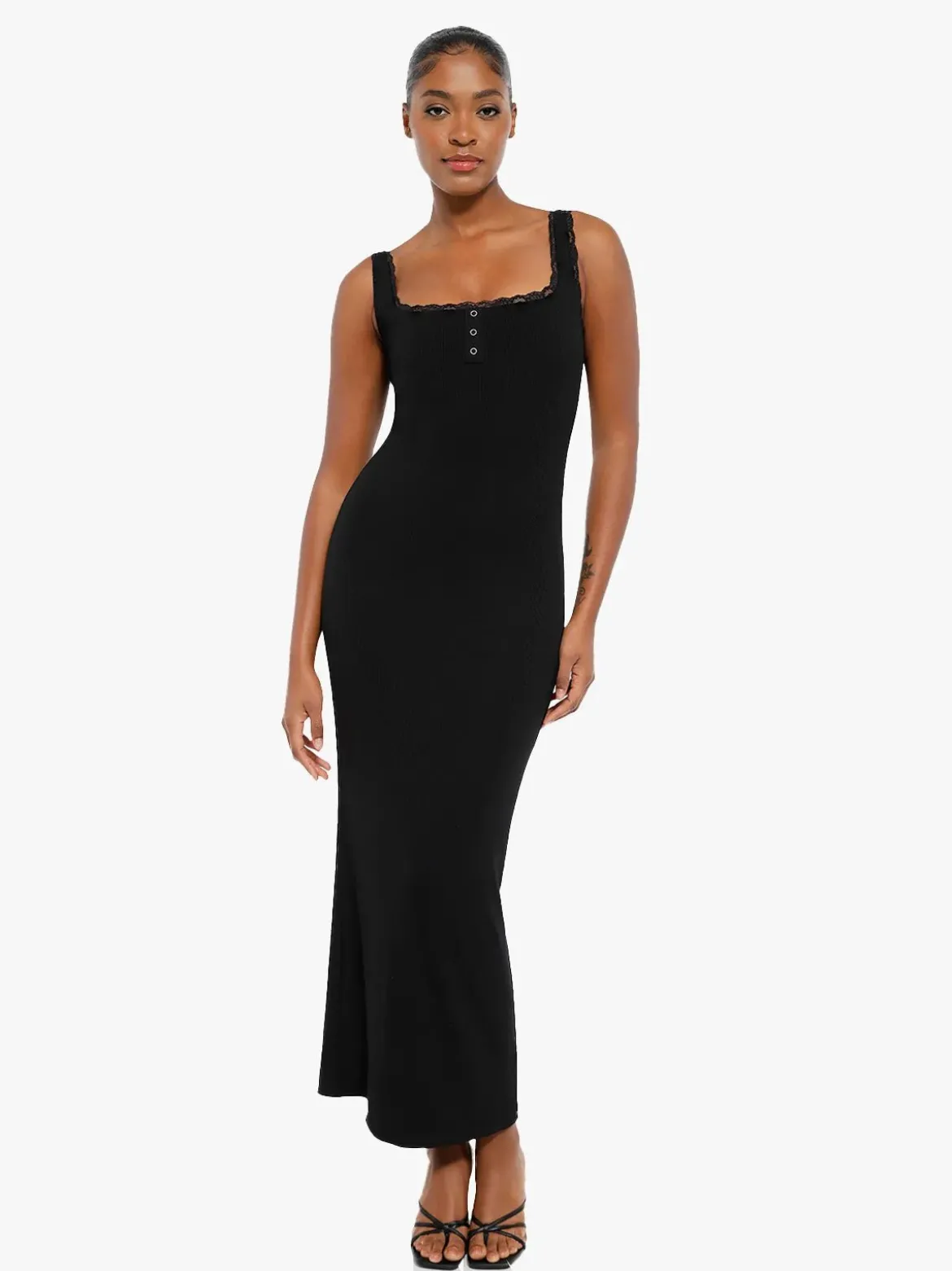 Shapewear Modal Slimming Lace Trim Henley Tank Maxi Dress