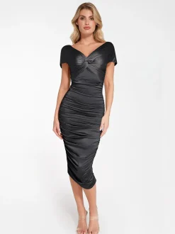 Shapewear Off-Shoulder Ruched Shine Sculpting Midi Dress