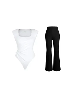 Shapewear Padded Shoulder Slimming Bodysuit Flare-Leg Pants Set