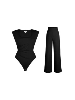 Shapewear Padded Shoulder Slimming Bodysuit Wide-Leg Pants Set