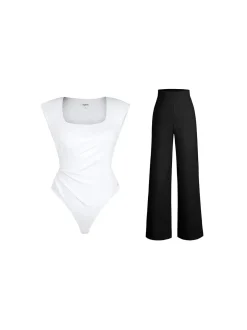 Shapewear Padded Shoulder Slimming Bodysuit Wide-Leg Pants Set
