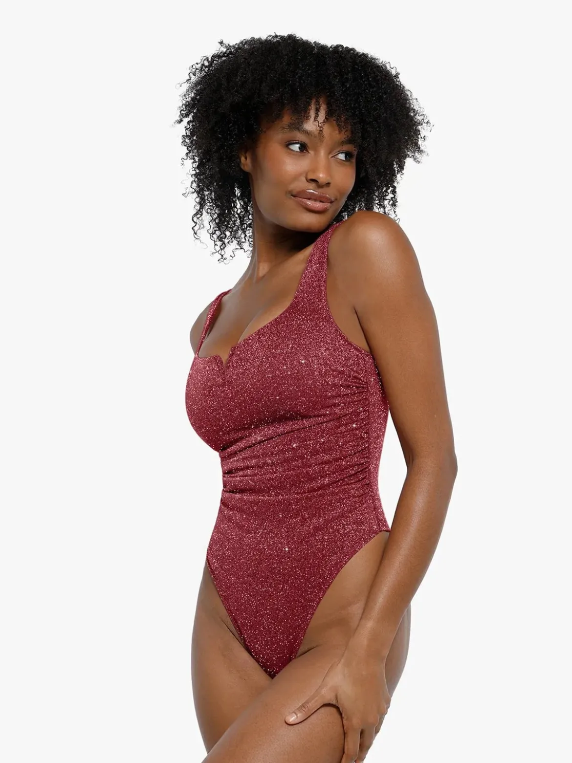 Shapewear Ruched Metallic Knit Square Neck Slimming Bodysuit
