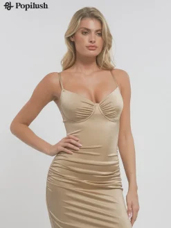 Shapewear Ruched Shine Sculpting Maxi Slip Dress