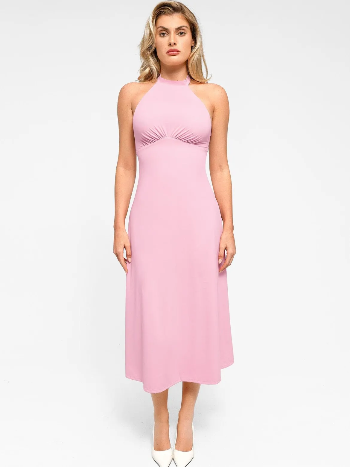 Shapewear Sculpting Backless Halter A-Line Midi Dress