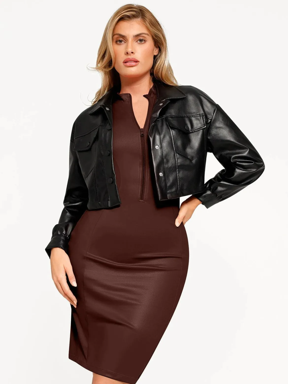 Shapewear Sculpting Faux Leather Zip Front Midi Dress