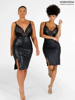 Shapewear Sculpting Faux Leather Front Slit Midi Skirt