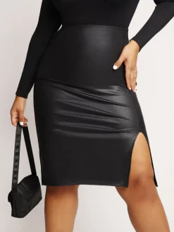 Shapewear Sculpting Faux Leather Front Slit Midi Skirt