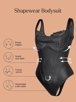 Shapewear Sculpting Faux Leather Lace Bodysuit Skirt Set