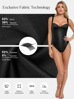 Shapewear Sculpting Faux Leather Lace Bodysuit Skirt Set