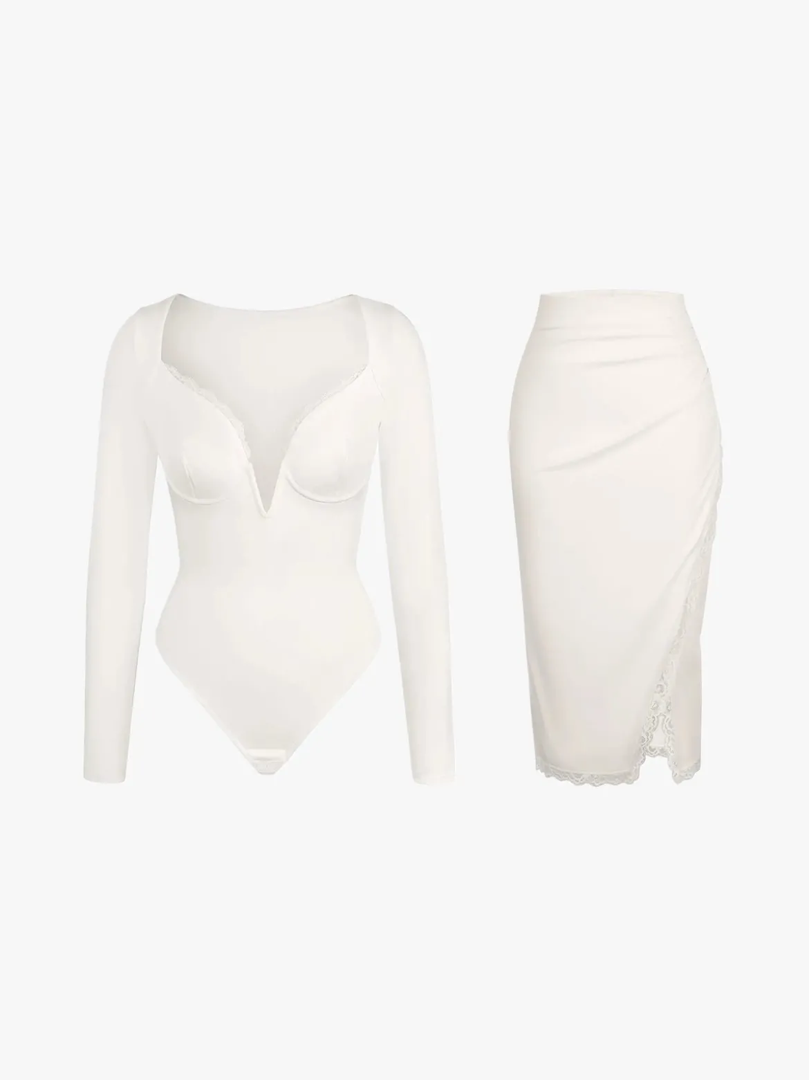 Shapewear Sculpting Lace Trim Bodysuit Midi Wrap Skirt Set