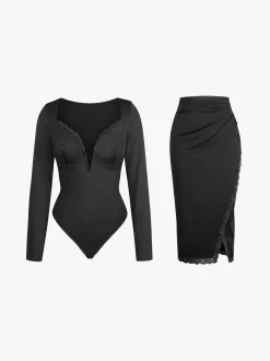 Shapewear Sculpting Lace Trim Bodysuit Midi Wrap Skirt Set