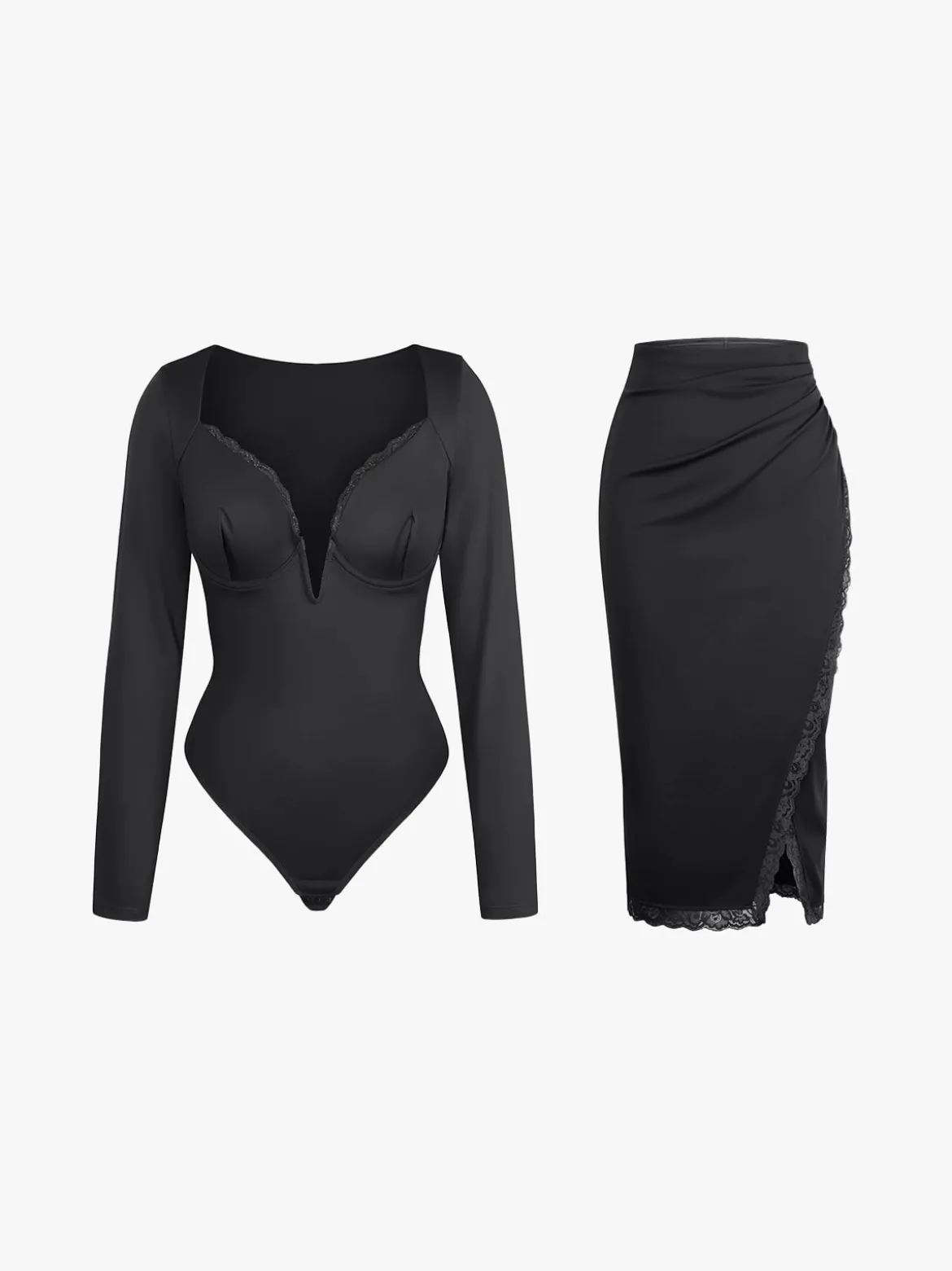 Shapewear Sculpting Lace Trim Bodysuit Midi Wrap Skirt Set