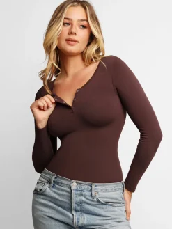 Shapewear Seamless Modal Long Sleeve Henley Bodysuit