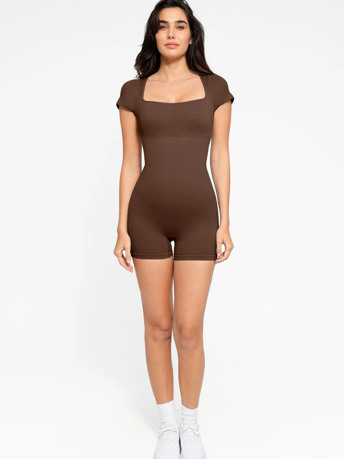 Shapewear Seamless Rib Square Neck Cap Sleeve Romper