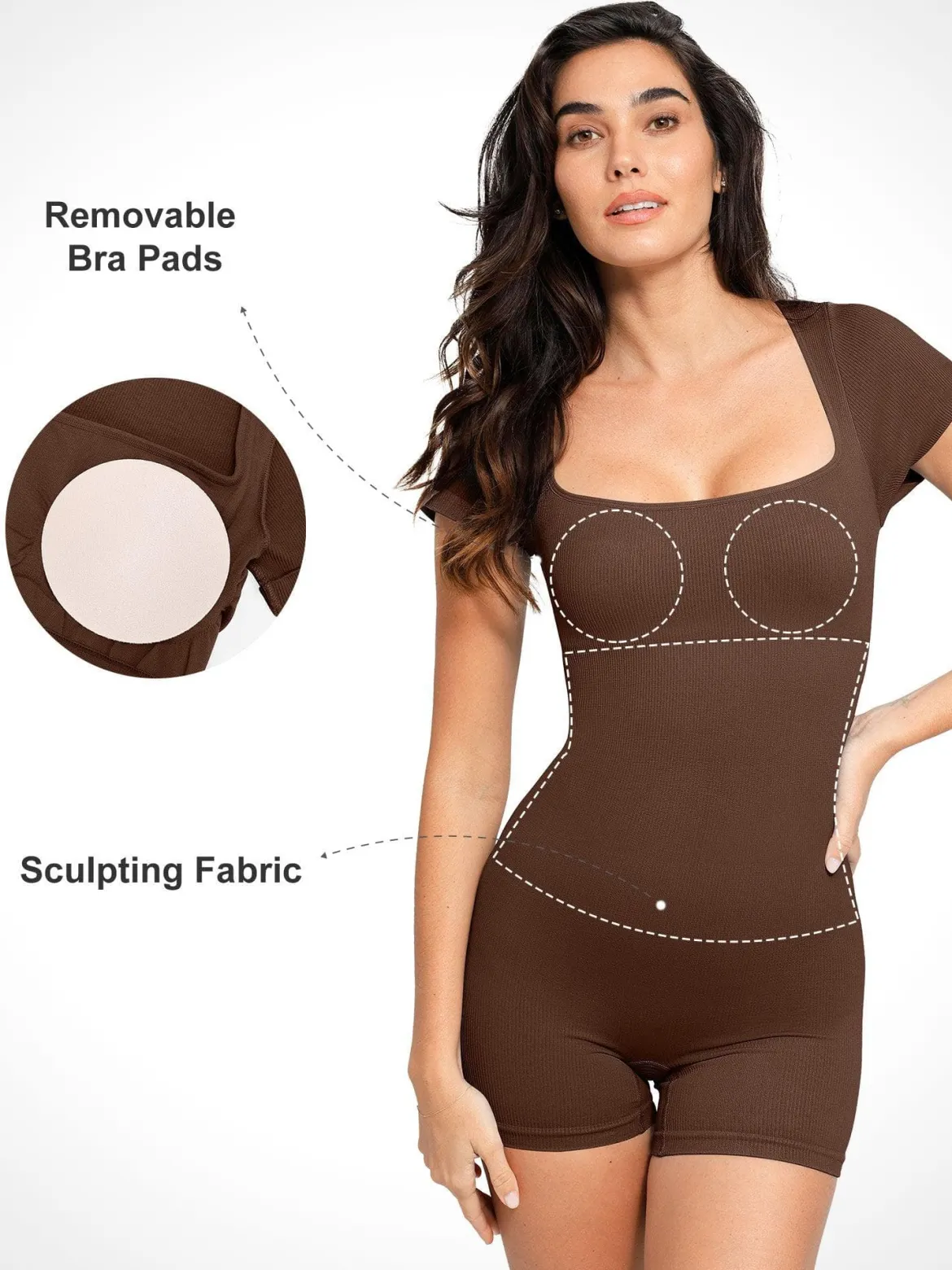 Shapewear Seamless Rib Square Neck Cap Sleeve Romper