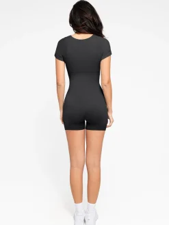 Shapewear Seamless Rib Square Neck Cap Sleeve Romper